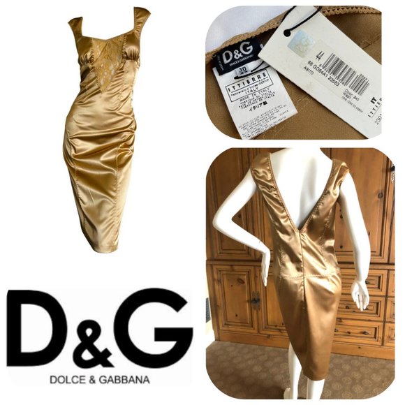 Auc NWT D&G Sexy Vintage Gold Cocktail Satin Dress - Picture 1 of 16